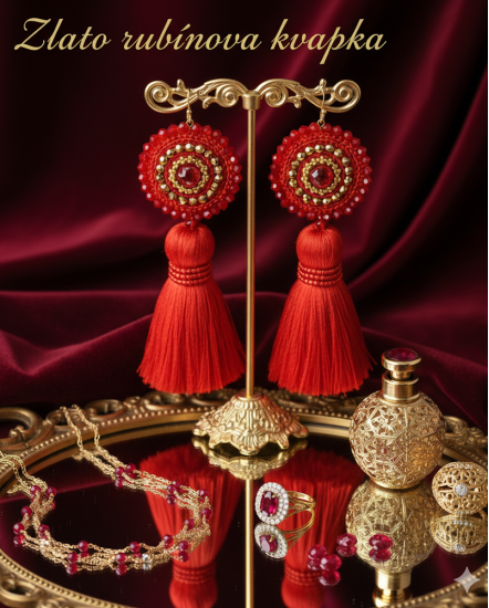 Háčkované dizajnové náušnice "Zlato rubínova kvapka"